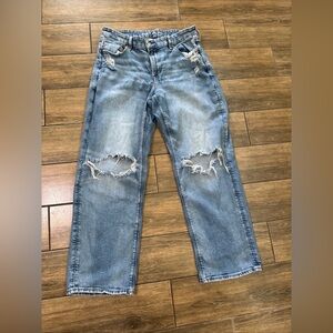 American Eagle Jeans Women 16 Curvy Straight Distressed Light Blue Denim Stretch